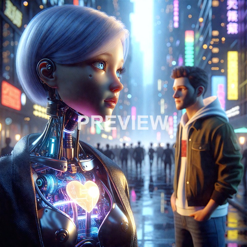 A futuristic scene featuring a humanoid robot with glowing eyes and a mechanical chest displaying a heart symbol, standing on a neon-lit street with a human male observing her in the background.